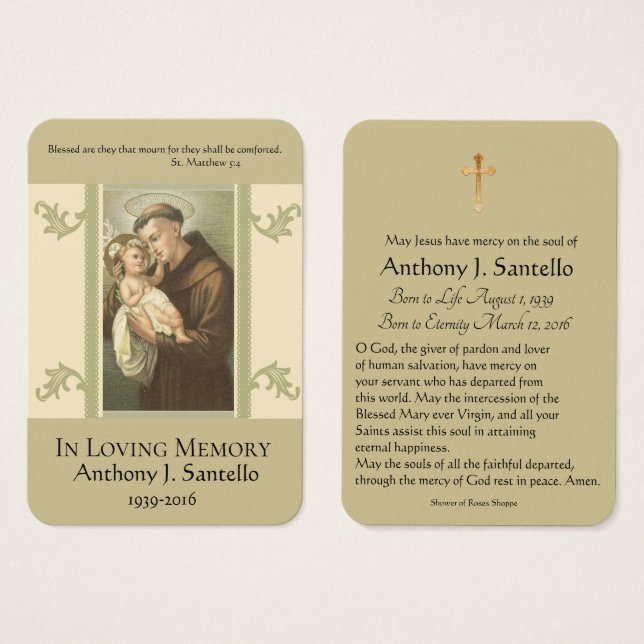 St. Anthony Baby Jesus Funeral Memorial Holy Card (Front & Back)