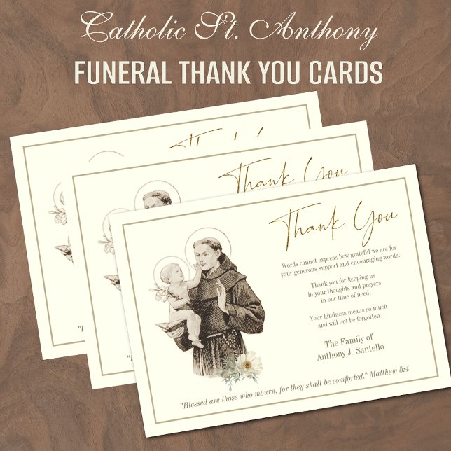 St. Anthony Jesus  Funeral Condolence Sympathy  Thank You Card (Catholic Funeral Memorial Thank you Cards with St. Anthony and the Baby Jesus)