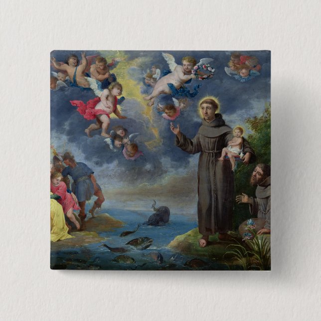 St. Anthony of Padua Preaching to the Fish 15 Cm Square Badge (Front)