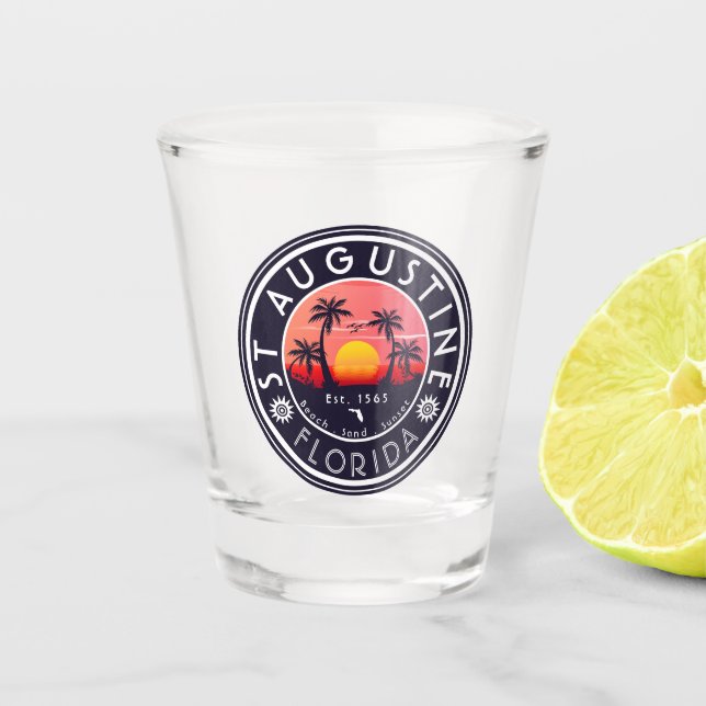 St Augustine Beach Florida Palm Trees Retro Sunset Shot Glass (Front)