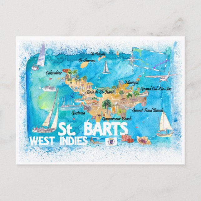 St Barts Antilles Illustrated Caribbean Map Postcard (Front)