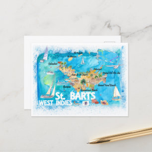St Barts Antilles Illustrated Caribbean Map Postcard