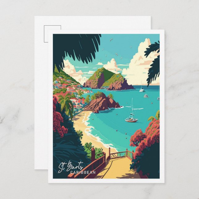 St Barts Caribbean Art Travel Vintage illustration Postcard (Front/Back)