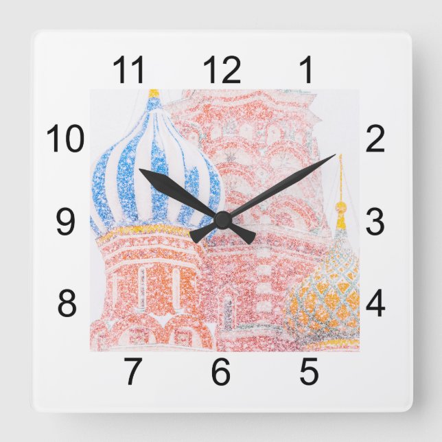 St Basil's Cathedral In Snowstorm Square Wall Clock (Front)