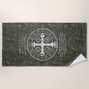 St Benedict Medal with Latin prayer   Beach Towel