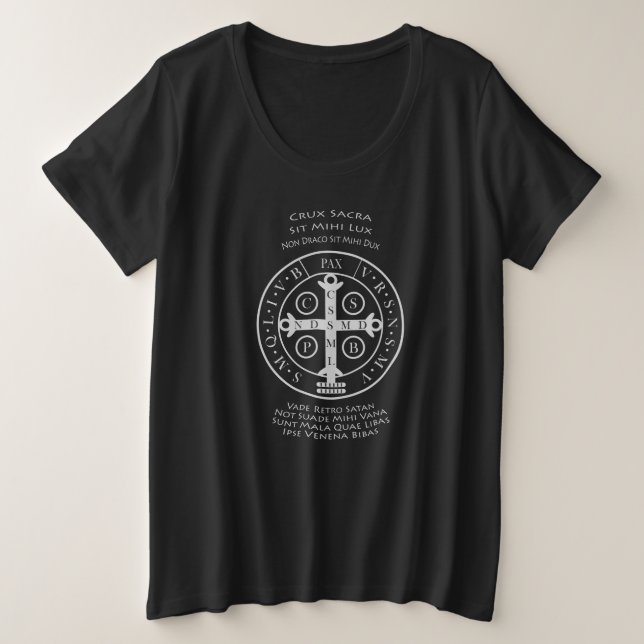 St Benedict Medal with Latin Prayer Plus Size T-Shirt (Design Front)
