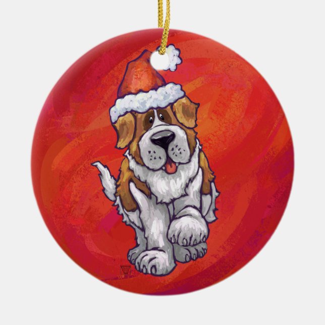 St. Bernard Christmas On Red Ceramic Tree Decoration (Front)