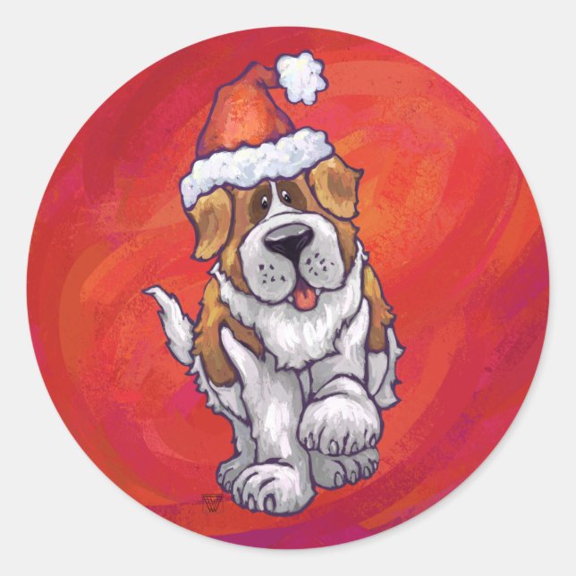 St. Bernard Christmas On Red Classic Round Sticker (Front)