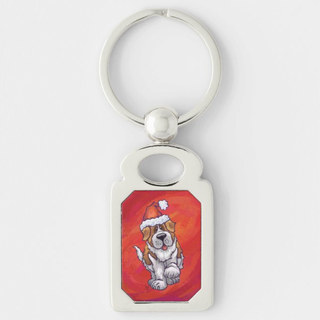 St. Bernard Christmas On Red Key Ring (Front)