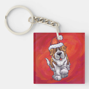 St. Bernard Christmas On Red Key Ring