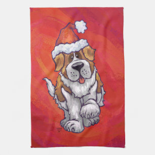 St. Bernard Christmas On Red Tea Towel