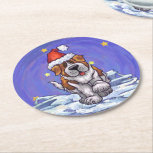 St. Bernard Christmas Round Paper Coaster