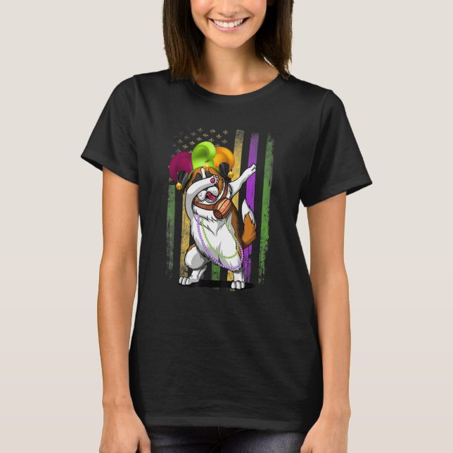 St Bernard Dog Dabbing American Flag Mardi Gras Ma T-Shirt (Front)