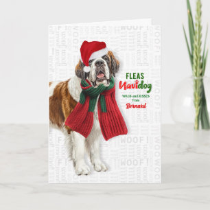 St Bernard Dog Funny Fleas Navidog with Name Holiday Card
