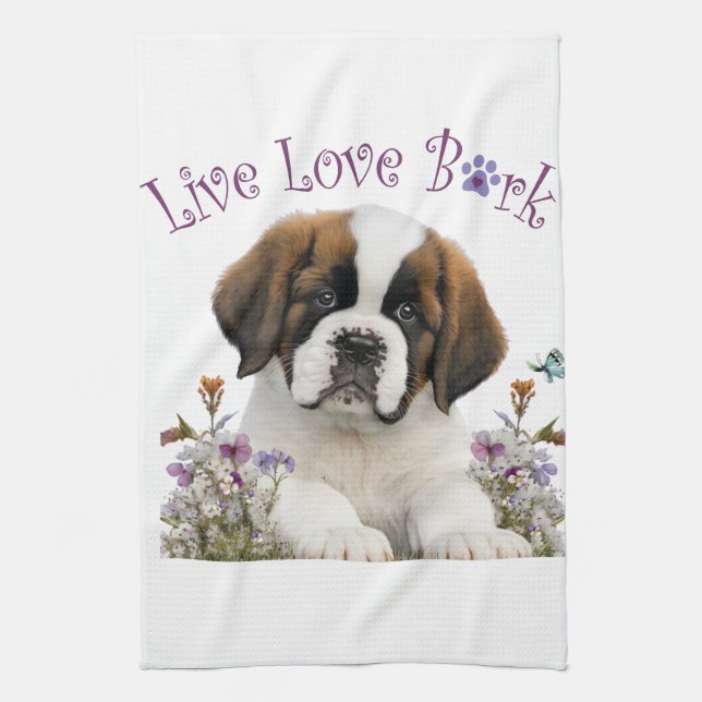 St. Bernard Dog Mum Floral Tea Towel (Vertical)