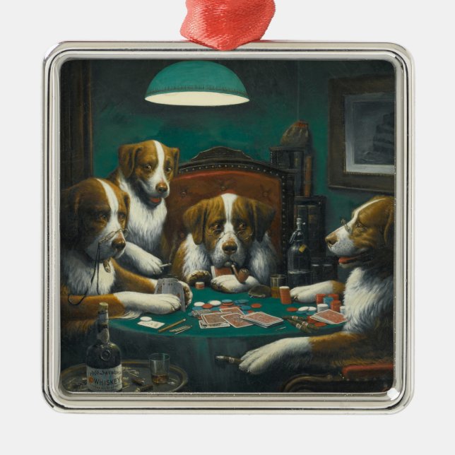 St Bernard Dogs Playing Poker (Kitsch Animal Art) Metal Tree Decoration (Front)