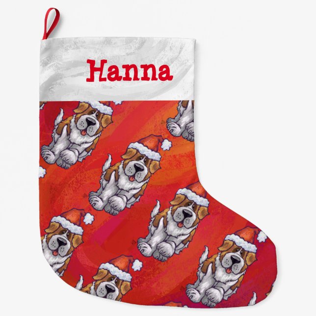 St. Bernard in Hat Pattern On Red Large Christmas Stocking (Front)