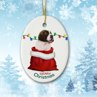 St Bernard Puppy Dog in Holiday Gift Bag Ceramic Tree Decoration