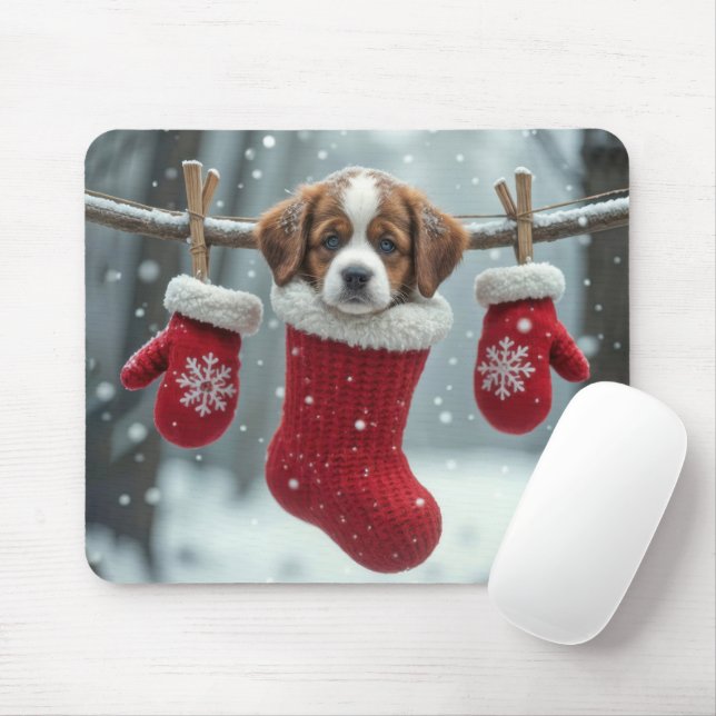St. Bernard Puppy In Christmas Stocking Mouse Pad (With Mouse)