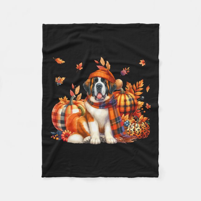 St. Bernard Thanksgiving Leopard Pumpkins Fall Lea Fleece Blanket (Front)
