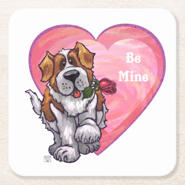 St. Bernard Valentine's Day Square Paper Coaster (Front)