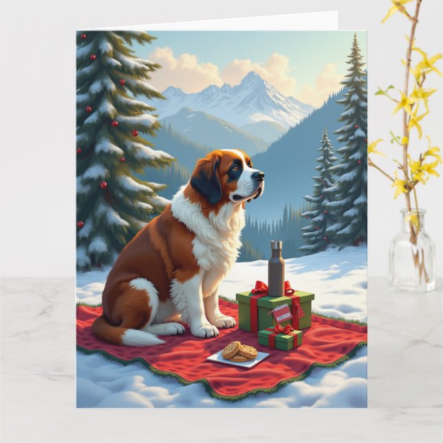 St. Bernard Winter Picnic Christmas Painting Card (Yellow Flower)