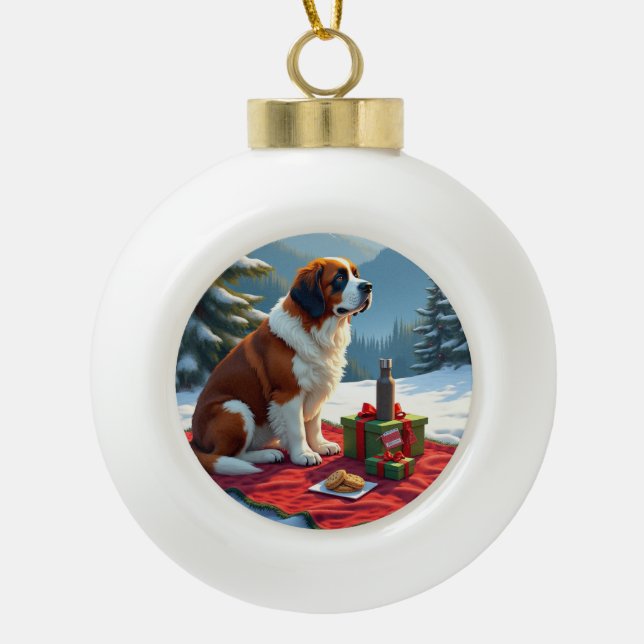 St. Bernard Winter Picnic Christmas Painting Ceramic Ball Christmas Ornament (Front)