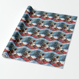 St. Bernard Winter Picnic Christmas Painting Wrapping Paper