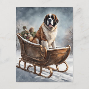 St Bernard Winter Sleigh Scene Postcard