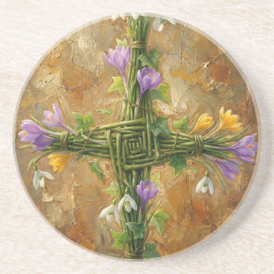 St Brigid Cross Green Rushes Crocus Imbolc Art Coaster