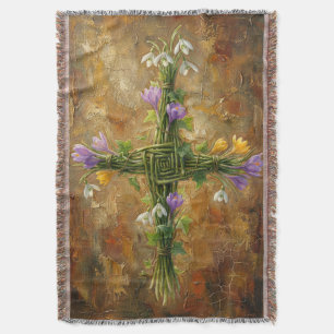 St Brigid Cross Green Rushes Crocus Imbolc Art Throw Blanket
