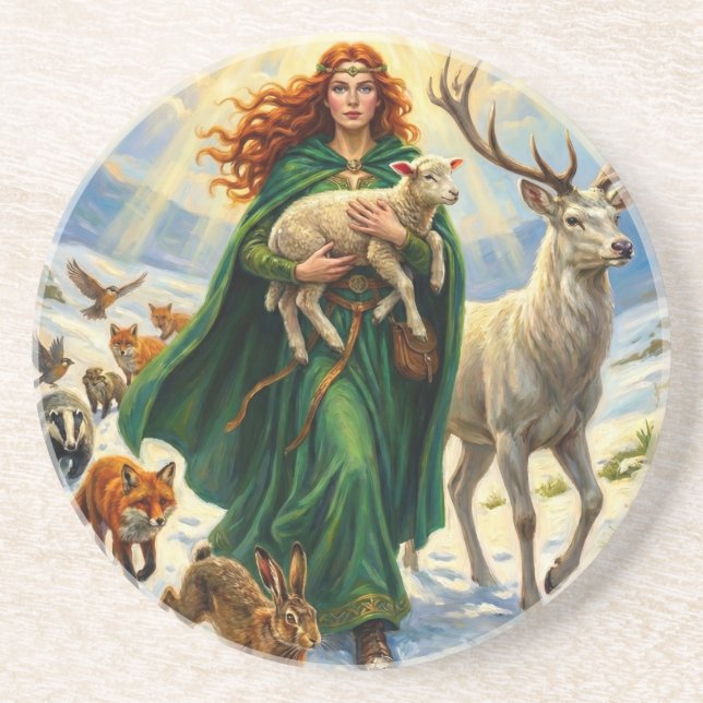 St Brigid Spring Goddess Woodland Animals Imbolc Coaster (Front)
