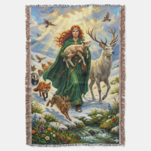 St Brigid Spring Goddess Woodland Animals Imbolc Throw Blanket