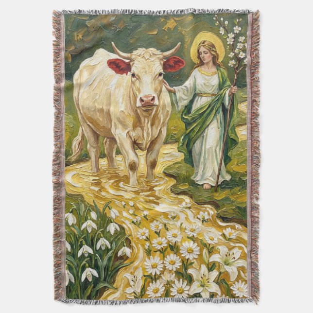 St. Brigid & The White Cow (Imbolc) Throw Blanket (Front Vertical)