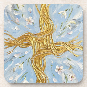 St Brigid's Cross Snowdrops Golden Imbolc Art Coaster