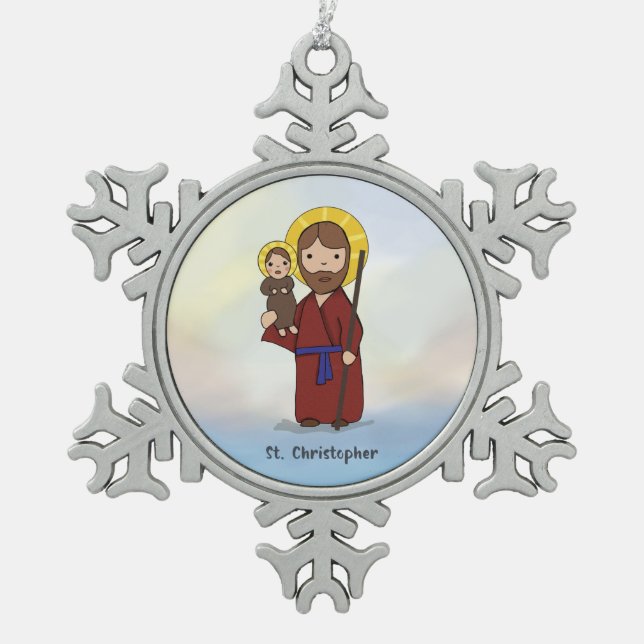 St. Christopher Feast Day Saint  Snowflake Pewter Christmas Ornament (Front)