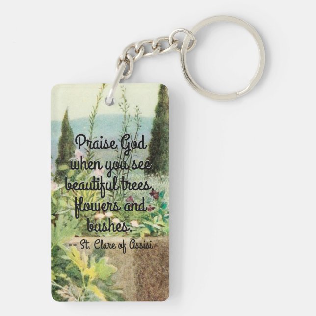 St Clare of Assisi Watering Flowers with Quote Key Ring (Back)