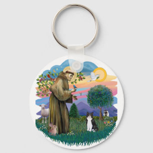 St Francis (ff) - Black and white cat Key Ring