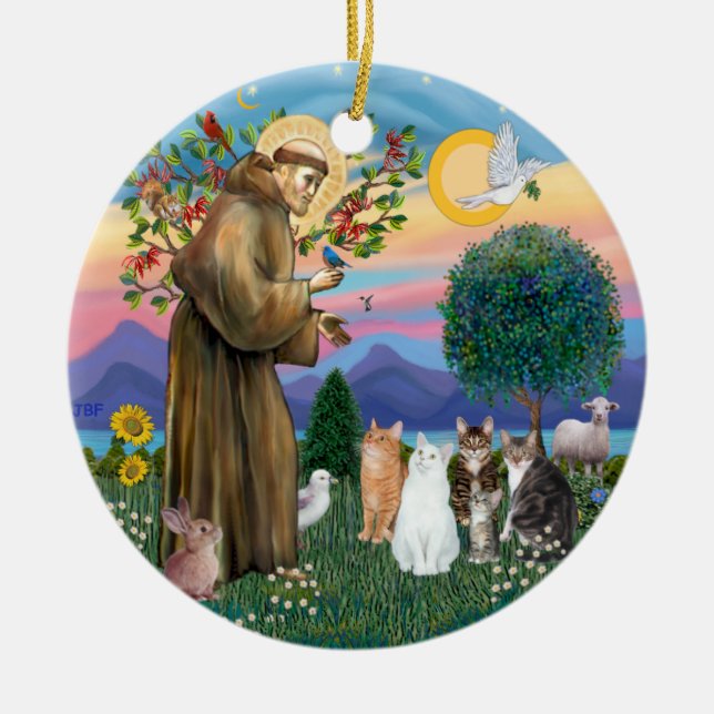 St Francis - Five Cats (AmSH) Ceramic Tree Decoration (Front)