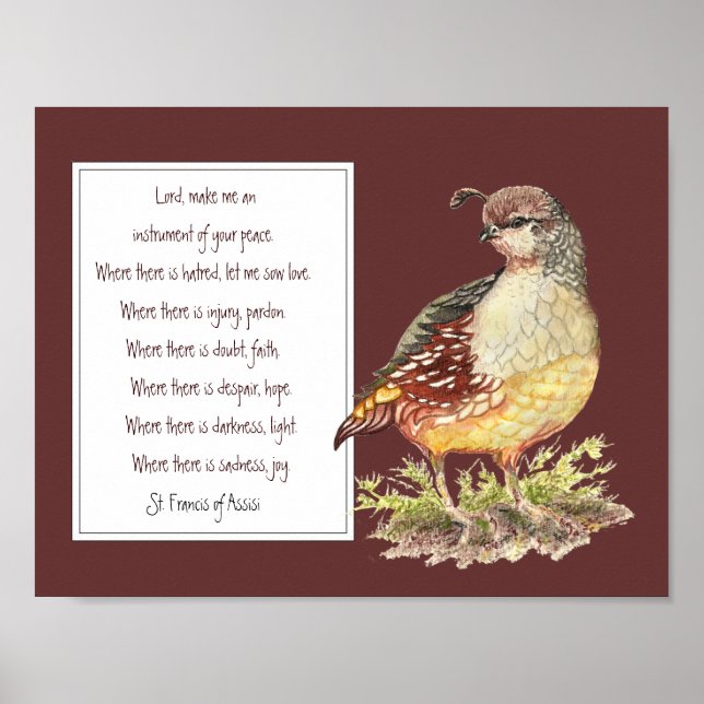 St. Francis of Assisi Prayer California Quail Bird Poster (Front)