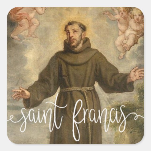 St. Francis of Assisi |White Script Overlay Square Sticker (Front)