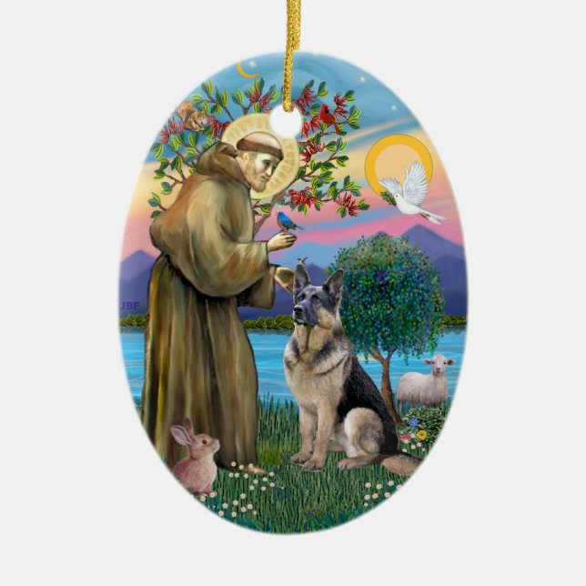 St Francis (W) - German Shepherd (C) Ceramic Tree Decoration (Front)