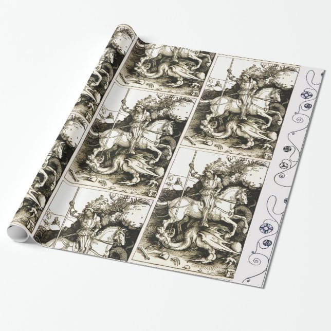 ST. GEORGE AND DRAGON , Black White Wrapping Paper (Unrolled)