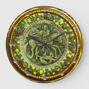 ST.GEORGE, DRAGON BRONZE MEDALLION FLORAL CROWN LARGE CLOCK