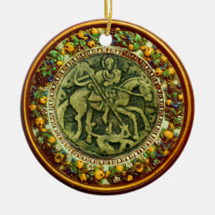 ST.GEORGE, DRAGON /MADONNA AND CHILD FLORAL CROWN CERAMIC TREE DECORATION