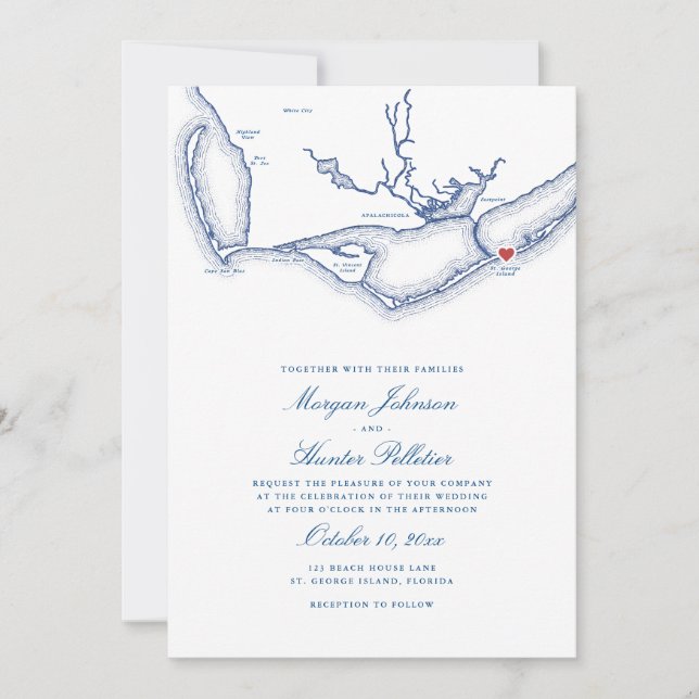 St. George Island FL Map Elegant Navy Blue Wedding Invitation (Front)