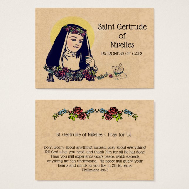 St. Gertrude of Nivelles Patron of Cats Holy Card (Front & Back)