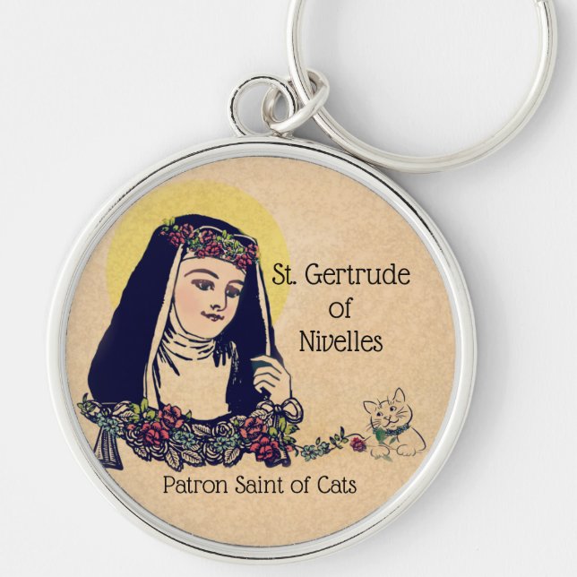 St. Gertrude of Nivelles Patron Saint of Cats Key Ring (Front)