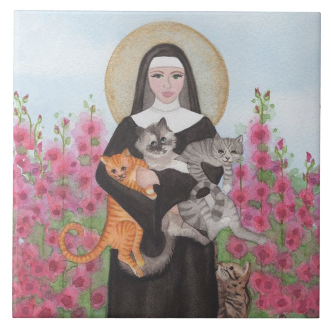 St. Gertrude Patron of Cats Watercolor Ceramic Til Tile (Front)