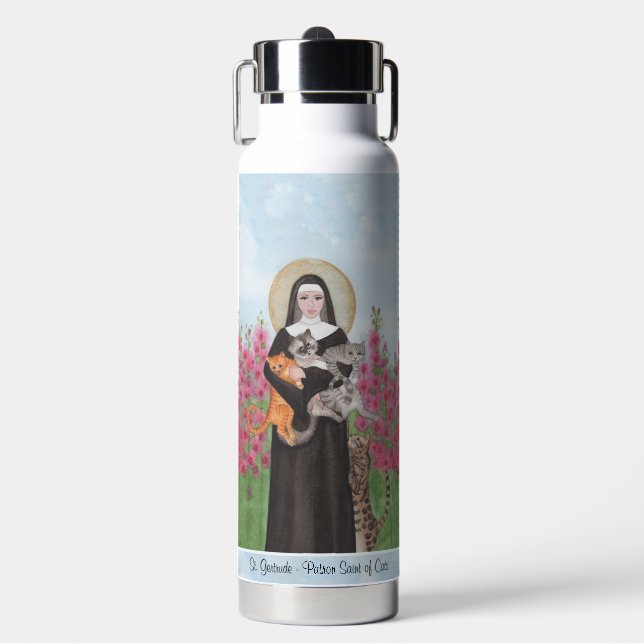 St Gertrude Patron of Cats Watercolor Water Bottle (Front)